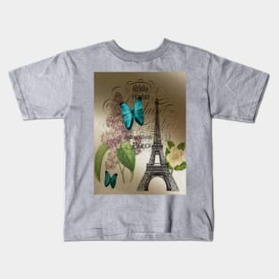 vintage paris eiffel tower butterfly lilac floral art Kids T-Shirt